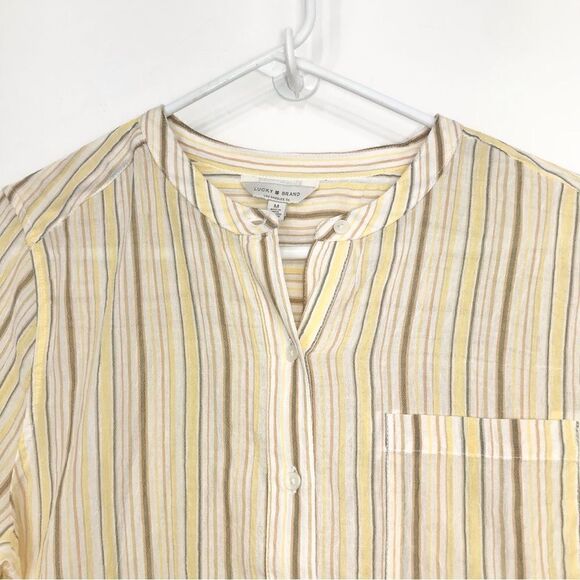 Lucky Brand Cream Brown Pinstripe Cotton Half Button Roll Sleeve Tunic Blouse - Picture 3 of 14